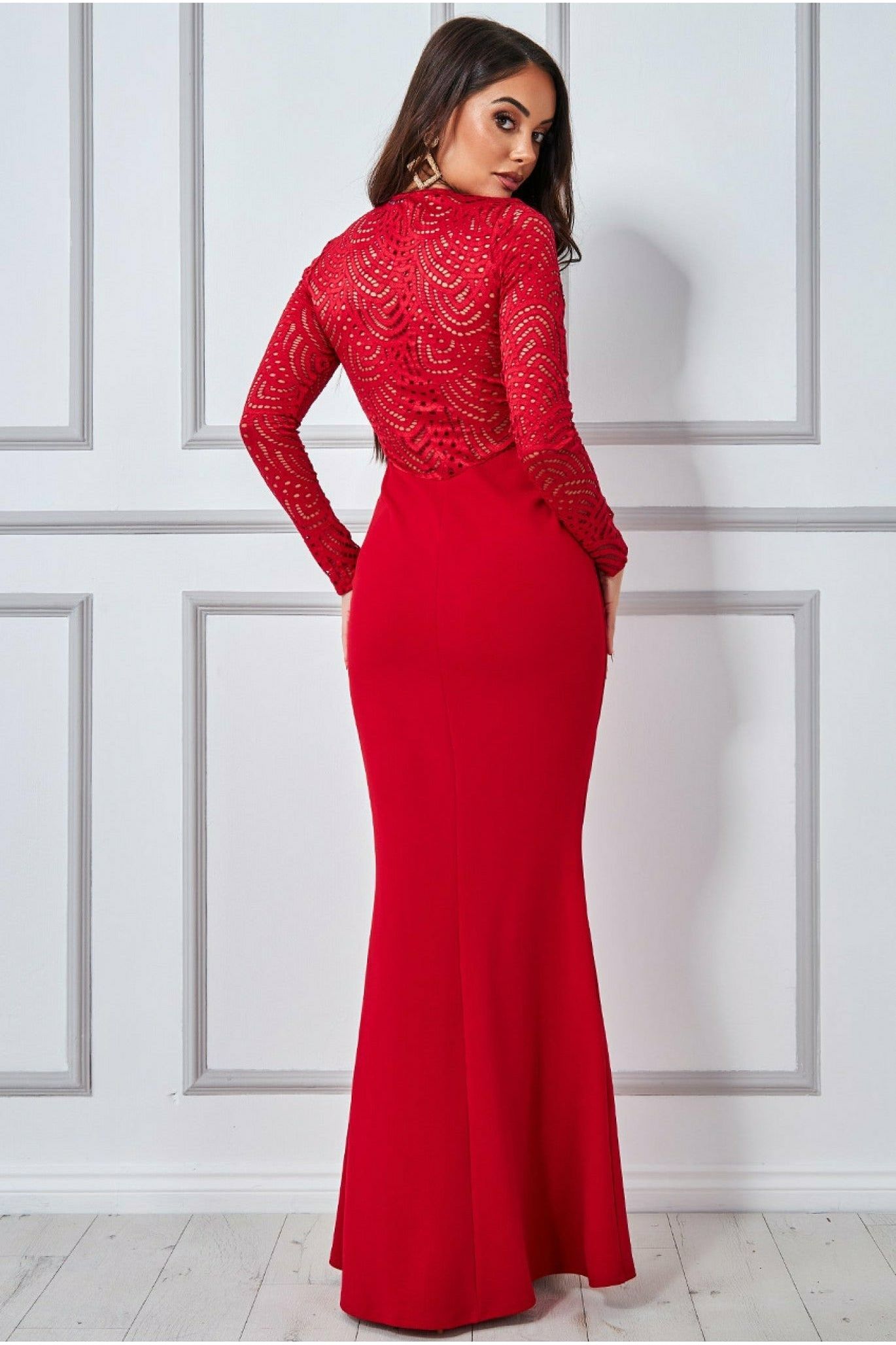 Goddiva Lace Back Full Sleeve Maxi Dress - Red