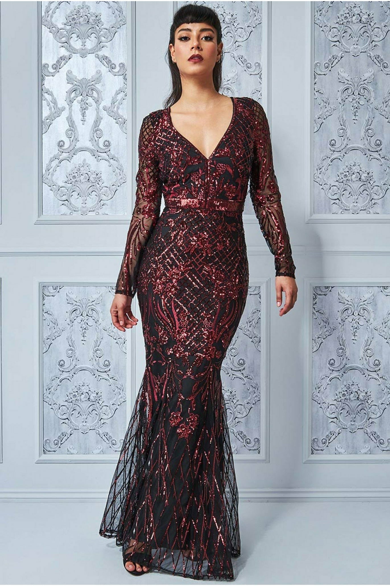 Goddiva Full Sleeve Sequin Evening Dress - Wine