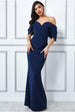 Goddiva Off The Shoulder Draped Sleeve Maxi Dress - Navy Blue