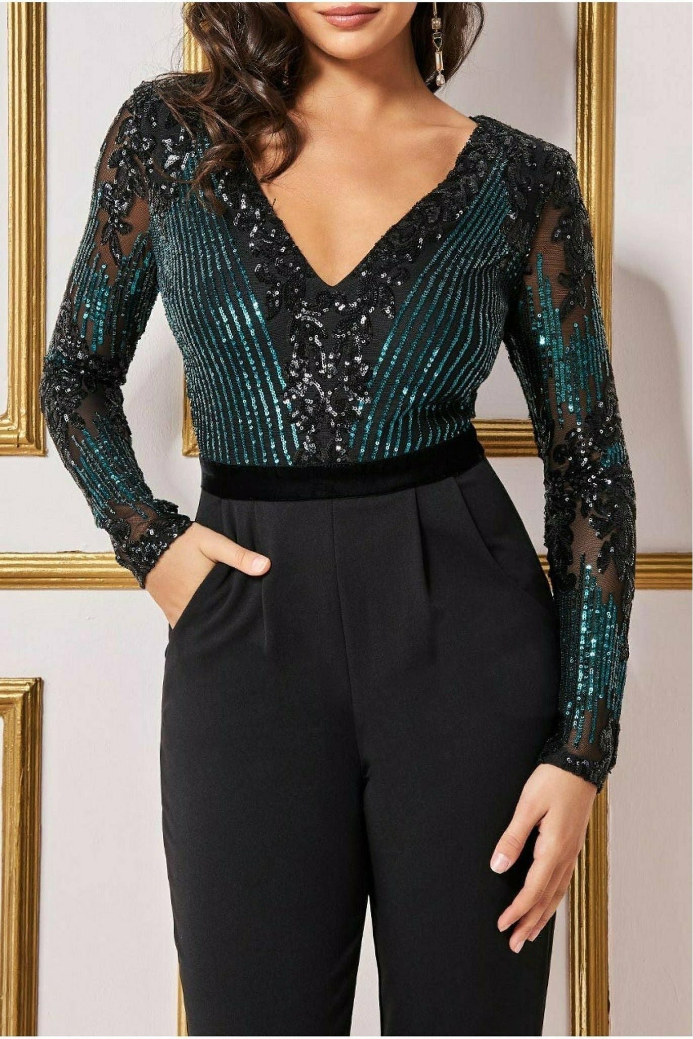 Goddiva Sequin & Mesh Romper - Emerald Green