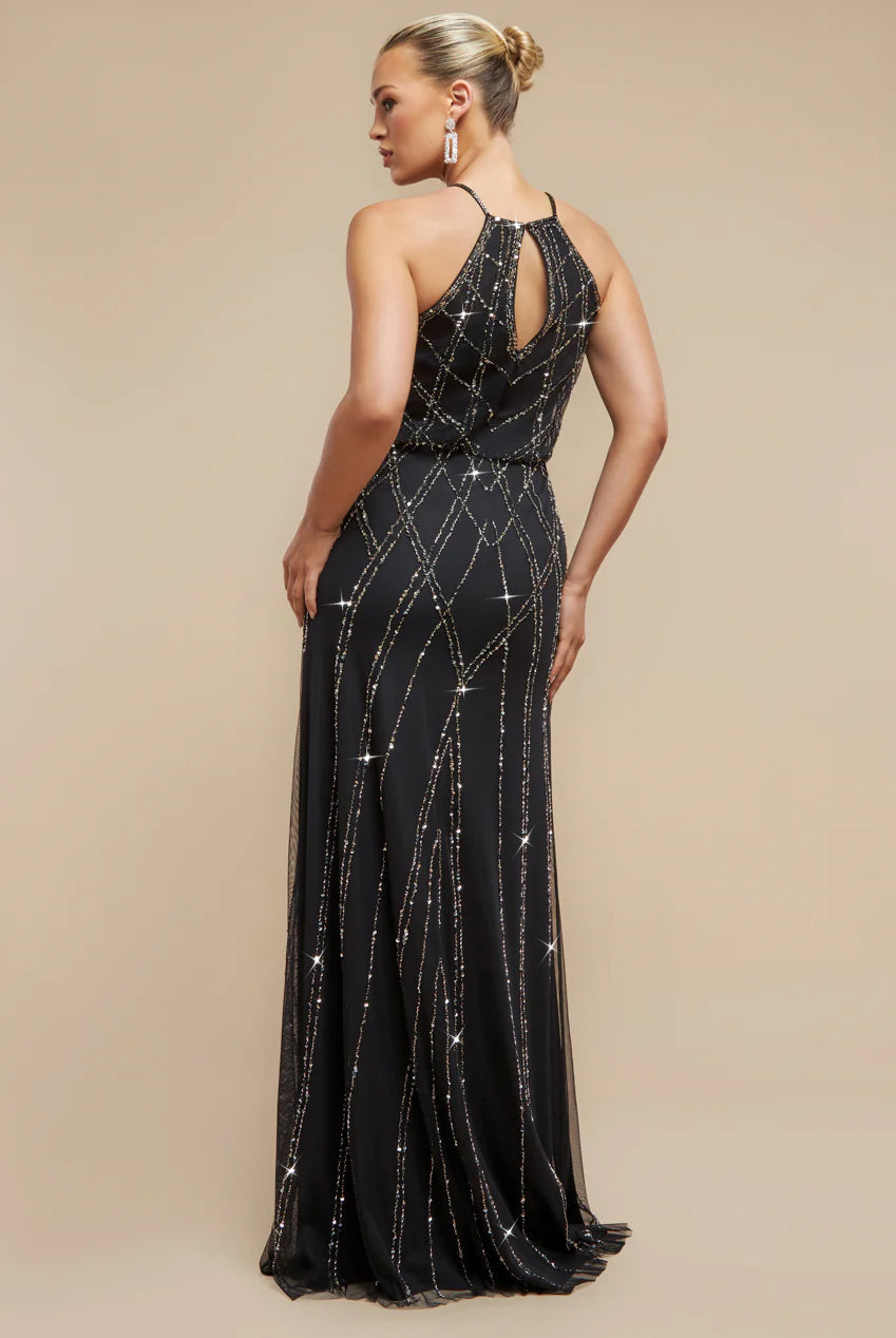 Goddiva Racer Neck Sleeveless Hand Embellished Sequin Maxi Dress - Black