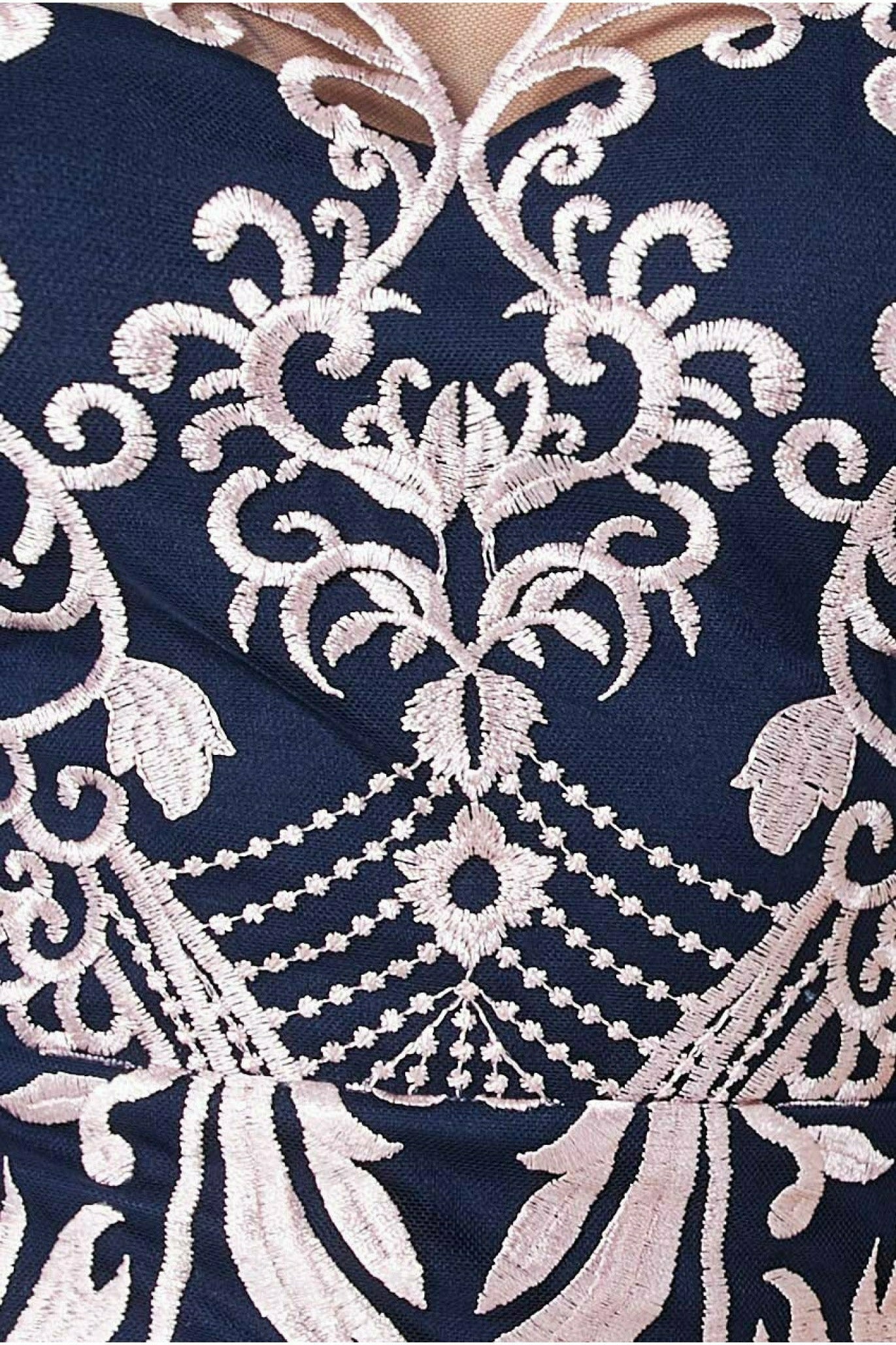 Goddiva Embroidered Mesh & Lace Midi Scalloped Hem - Navy