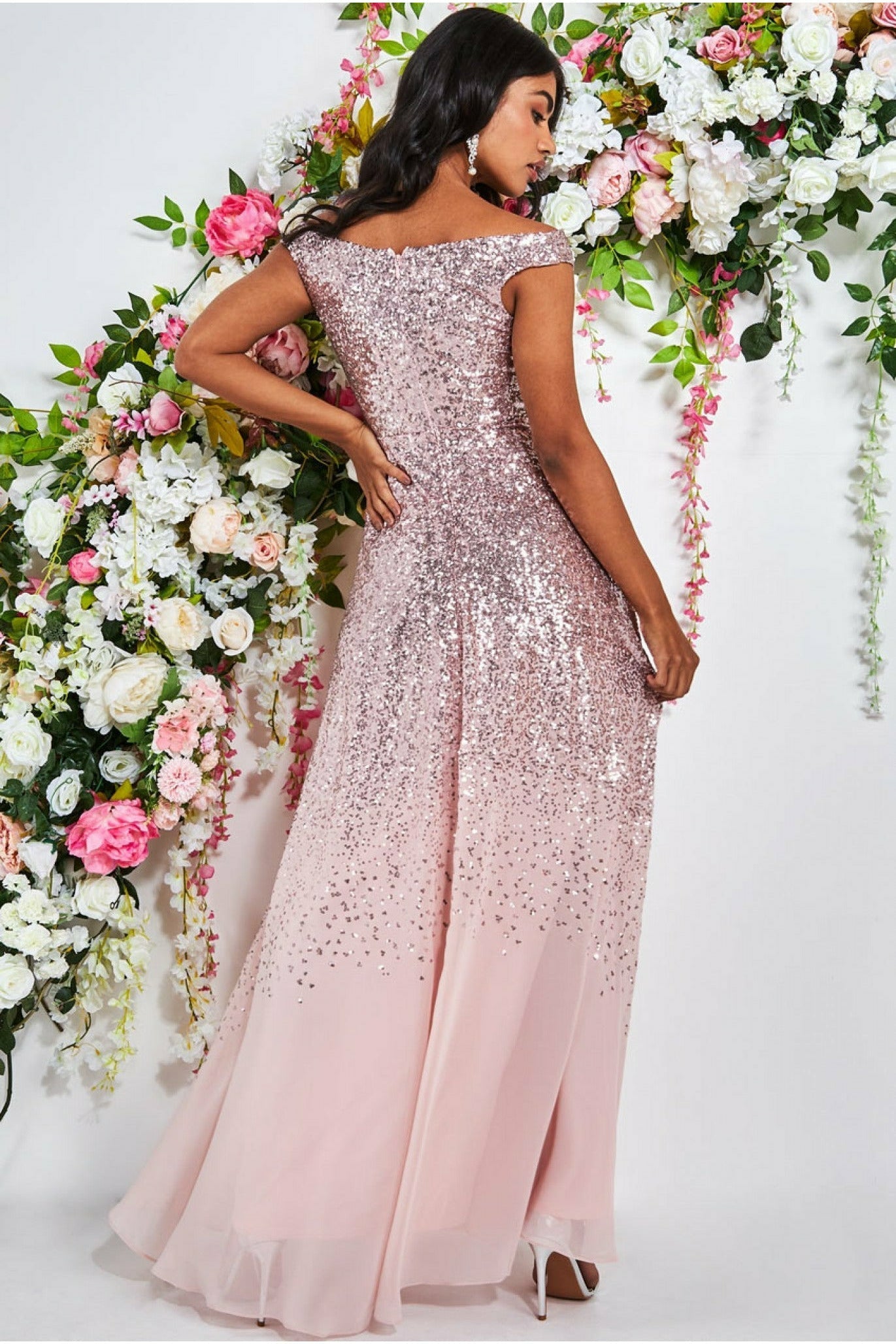 Goddiva Pleated Bodice Sequin & Chiffon Maxi Dress - Rose