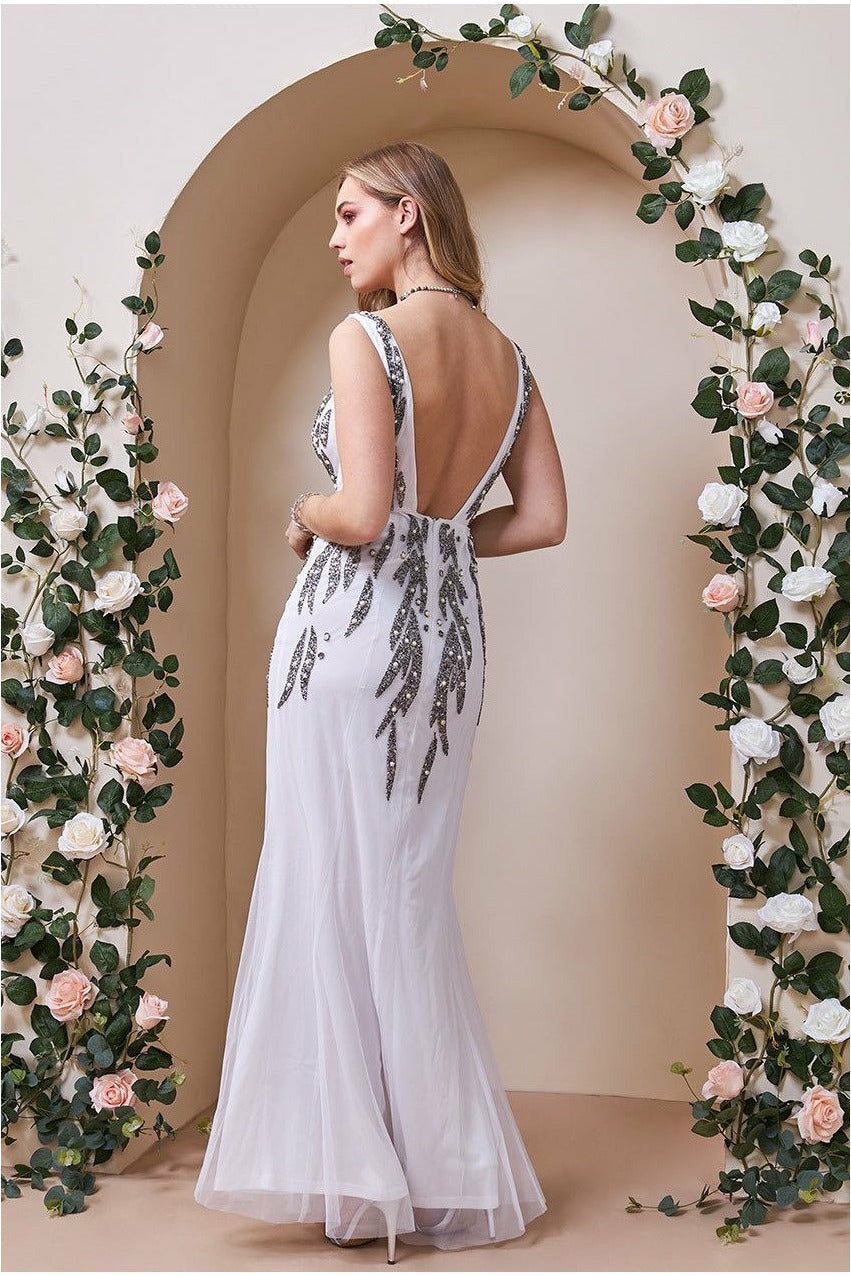 Goddiva Pearl Embellished Open Back Maxi Dress - White