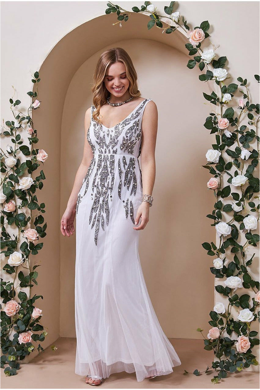 Goddiva Pearl Embellished Open Back Maxi Dress - White