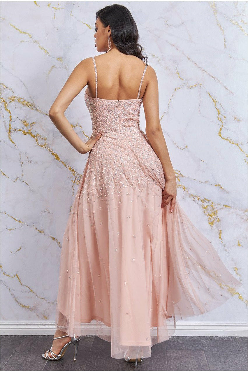 Goddiva High Low Spaghetti Strap Maxi With Sequins - Peach