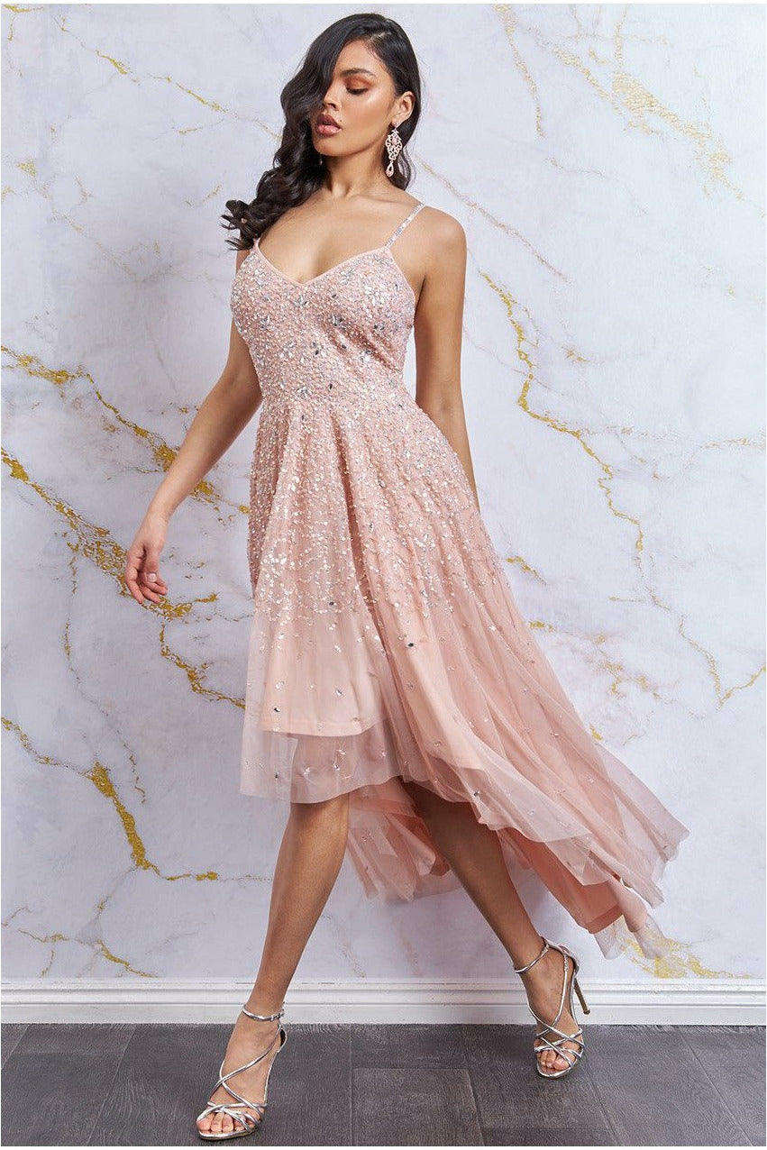 Goddiva High Low Spaghetti Strap Maxi With Sequins - Peach