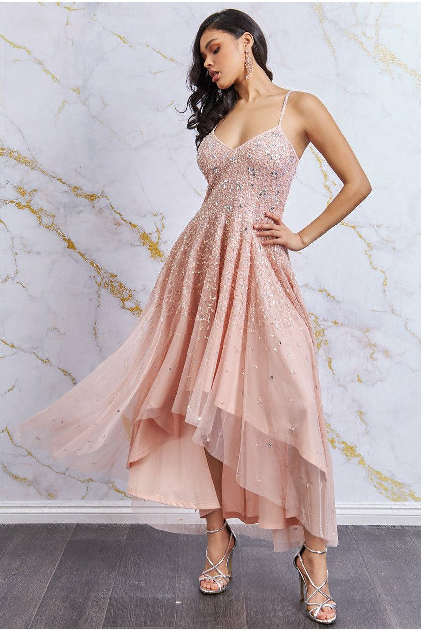 Goddiva High Low Spaghetti Strap Maxi With Sequins - Peach