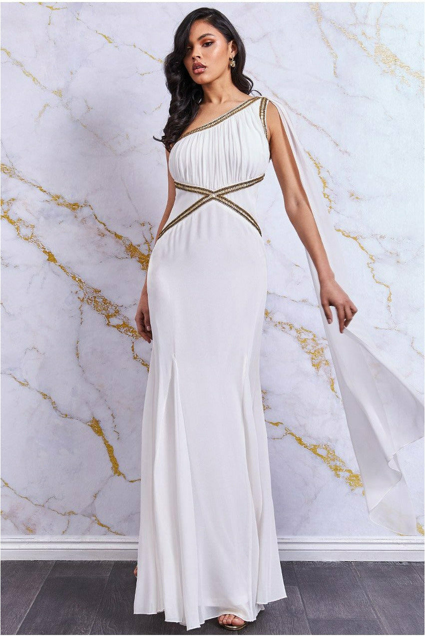 Goddiva Embellished One Shoulder Grecian Maxi Dress - Cream
