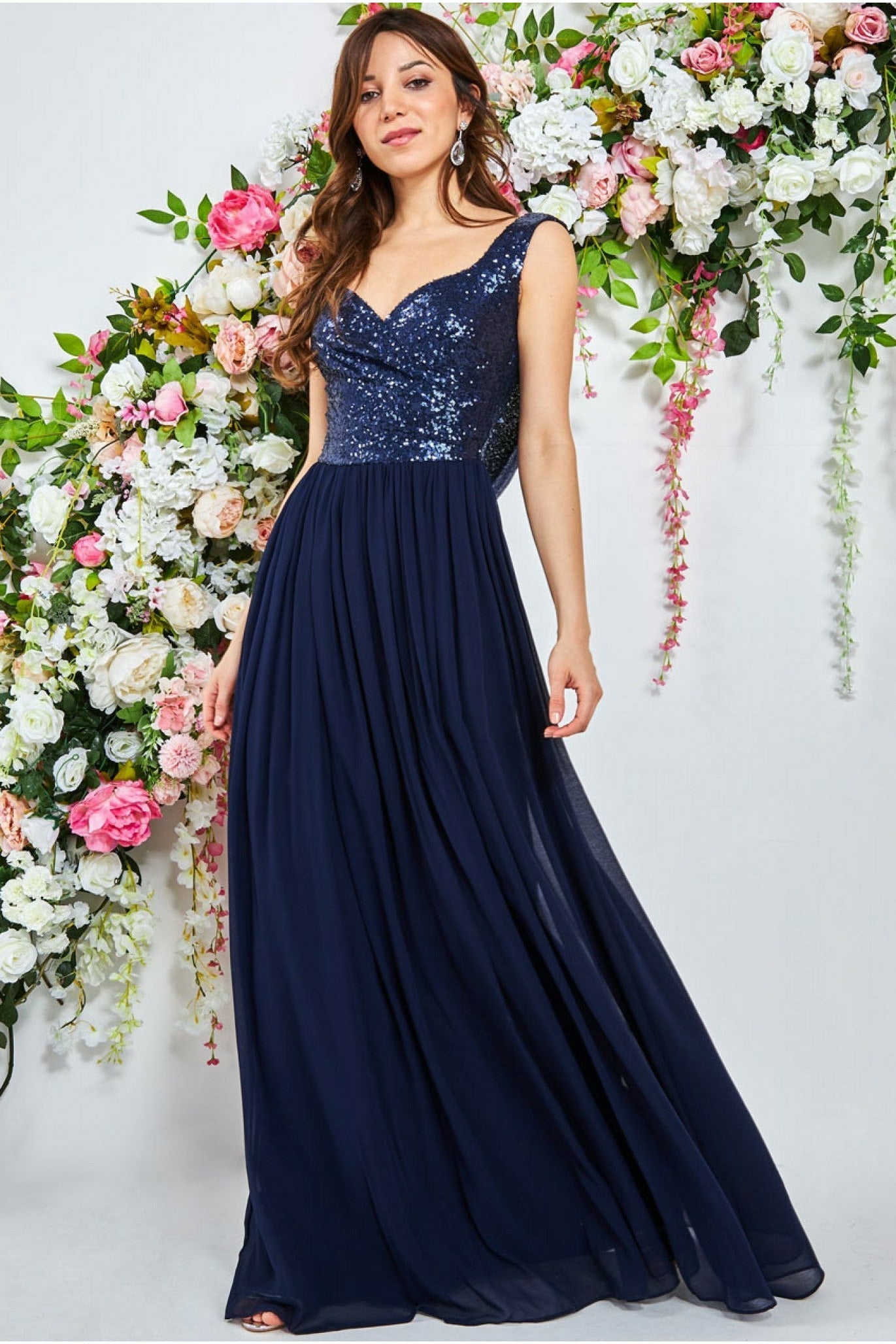 Goddiva Cowl Back Sequin & Chiffon Maxi Dress - Navy