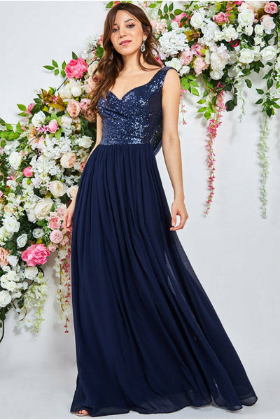 Navy - Goddiva Cowl Back Sequin & Chiffon Maxi Dress - Navy