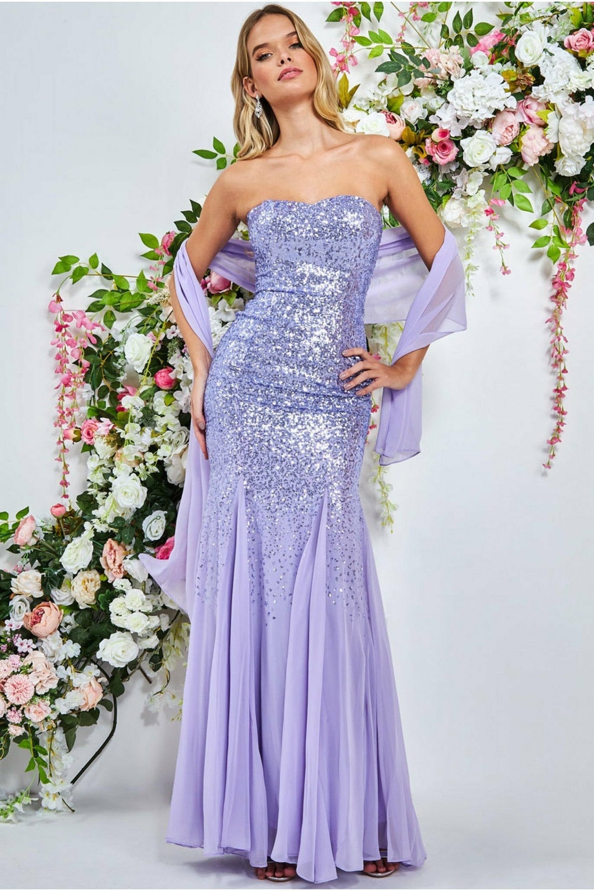 Goddiva Bandeau Sequin & Chiffon Maxi With Scarf - Lavender