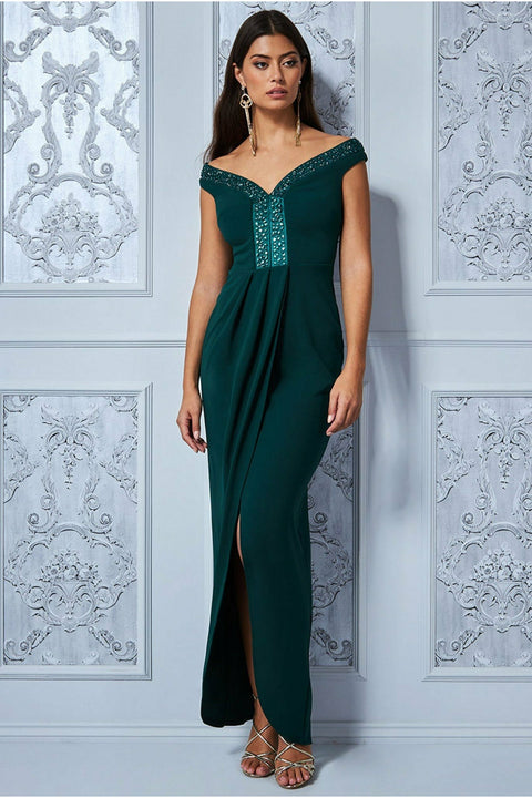 Goddiva Off The Shoulder Tulip Maxi Dress - Emerald Green