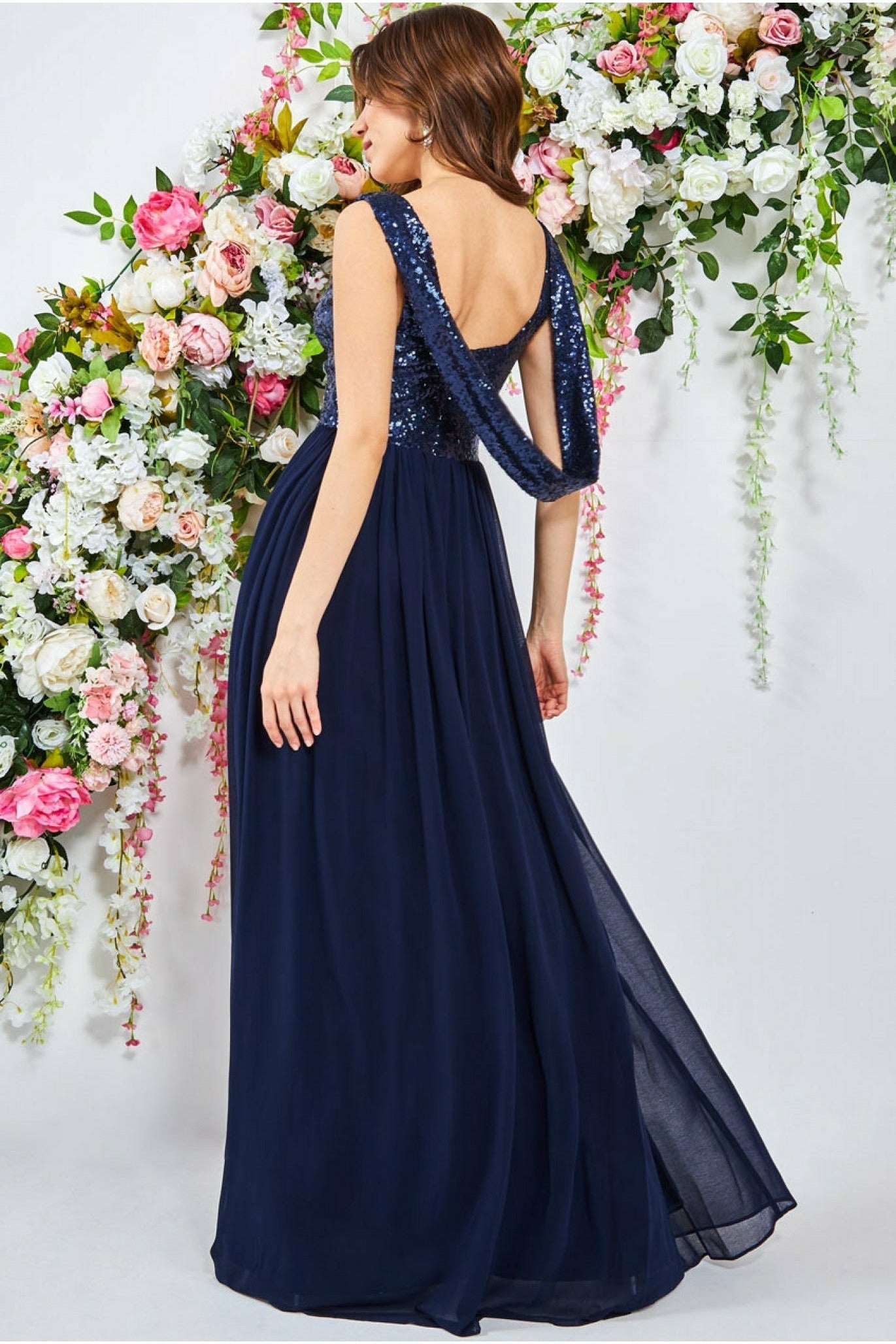 Goddiva Cowl Back Sequin & Chiffon Maxi Dress - Navy