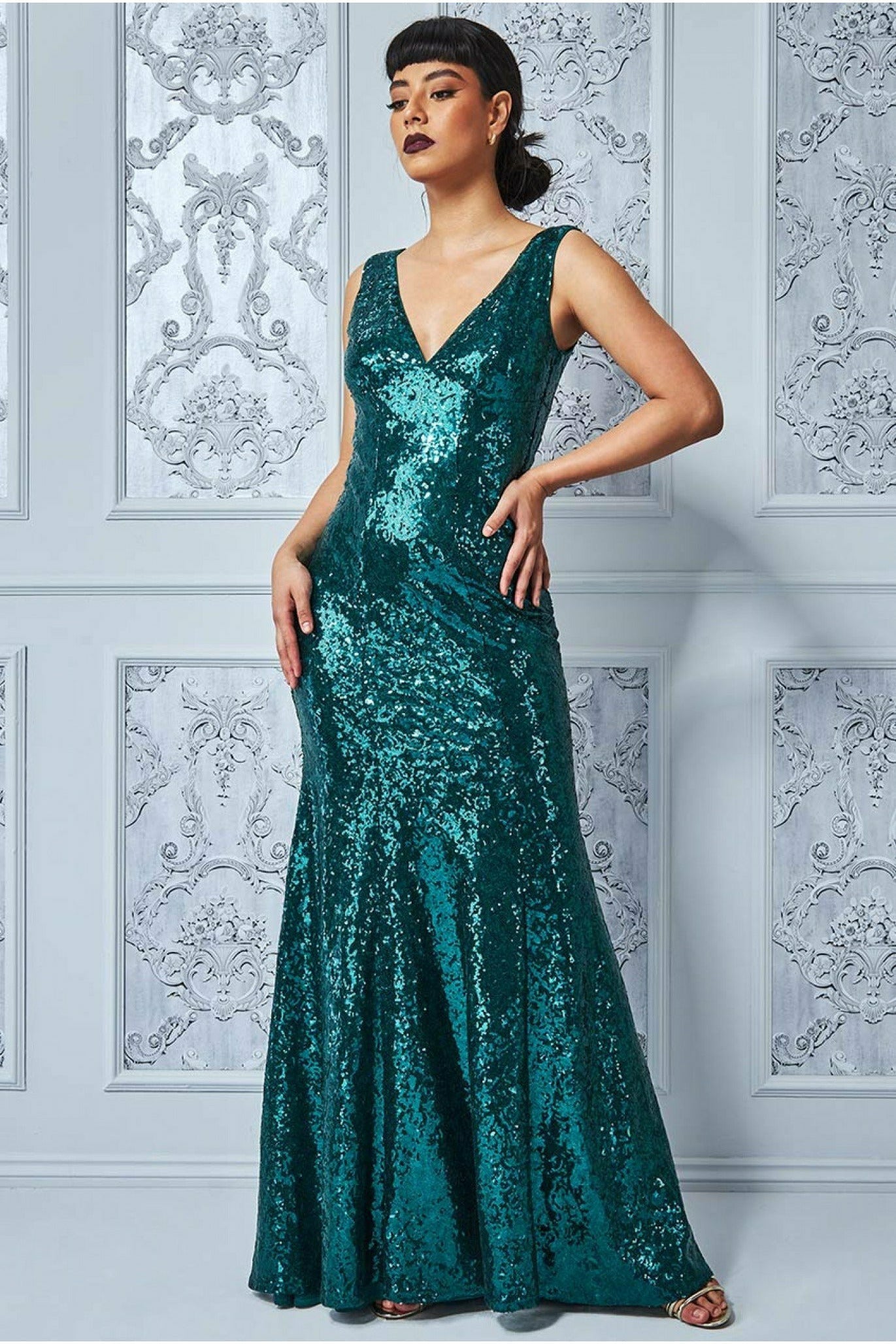 Goddiva Sequined Low V Neck Maxi Dress - Emerald Green