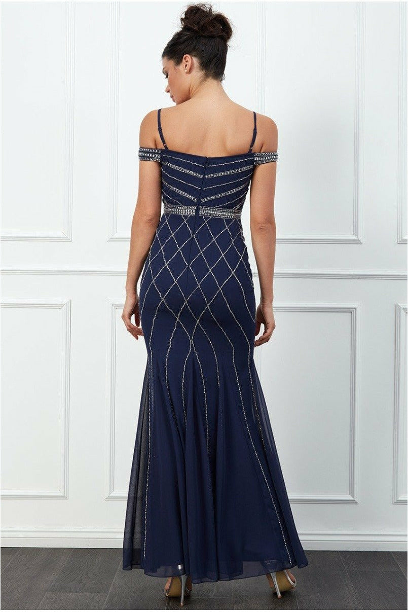 Goddiva Off The Shoulder Sequin Maxi Dress - Navy