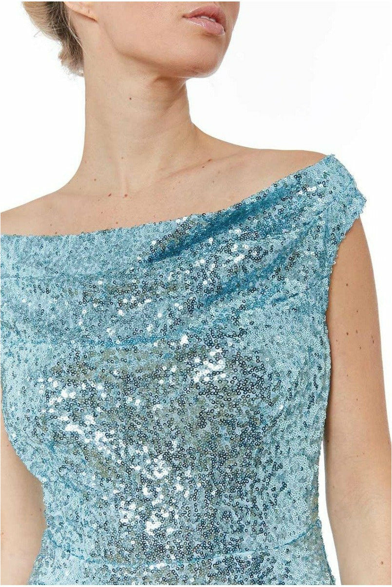 Goddiva Pleated Bodice Sequin & Chiffon Maxi - Powderblue