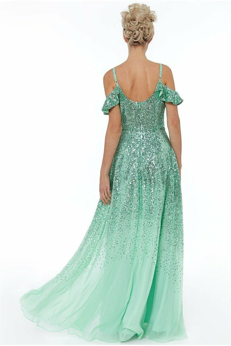 Goddiva Flutter Sleeve Sequin & Chiffon Maxi Dress - Mint