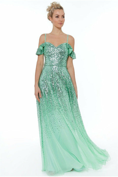 Goddiva Flutter Sleeve Sequin & Chiffon Maxi Dress - Mint