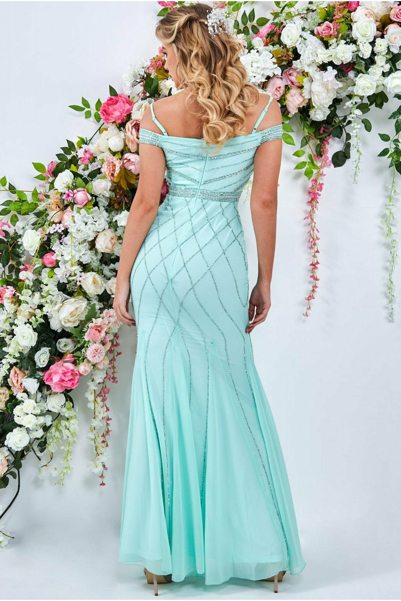 Goddiva Off The Shoulder Sequin Maxi Dress - Mint