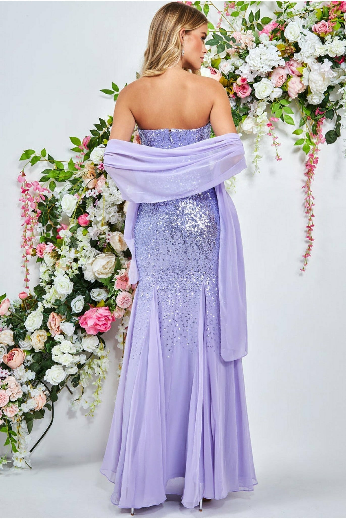 Goddiva Bandeau Sequin & Chiffon Maxi With Scarf - Lavender